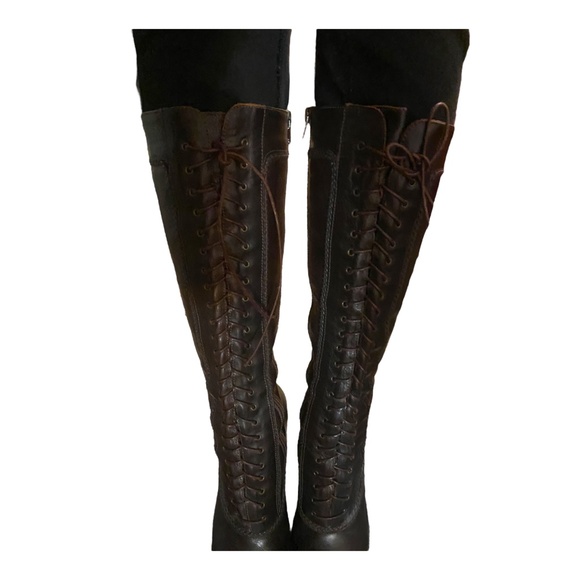 Charles David leather military platform knee high heeled boot, zip & lace up. 37 - Picture 8 of 16
